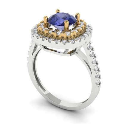 1.615 cttw Simulated Tanzanite Hidden Halo Engagement Ring - Solid White/Yellow Gold (VVS1, Round Cut,6.5mm)