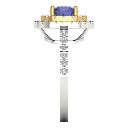 1.615 cttw Simulated Tanzanite Hidden Halo Engagement Ring - Solid White/Yellow Gold (VVS1, Round Cut,6.5mm)
