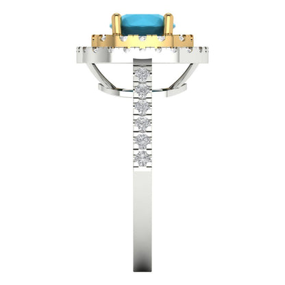 1.615 cttw Simulated Turquoise Hidden Halo Engagement Ring - Solid White/Yellow Gold (VVS1, Round Cut,6.5mm)