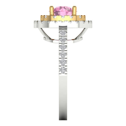 1.615 cttw Zirconia Simulated Pink Diamond Hidden Halo Engagement Ring - Solid White/Yellow Gold (VVS1, Round Cut,6.5mm)