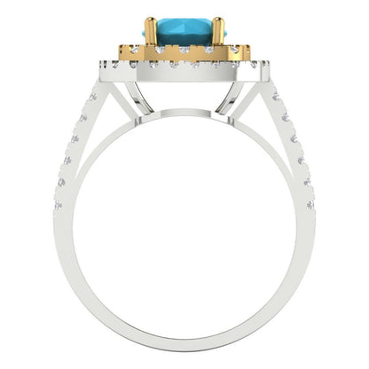 1.615 cttw Simulated Turquoise Hidden Halo Engagement Ring - Solid White/Yellow Gold (VVS1, Round Cut,6.5mm)