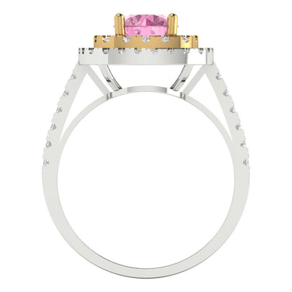 1.615 cttw Zirconia Simulated Pink Diamond Hidden Halo Engagement Ring - Solid White/Yellow Gold (VVS1, Round Cut,6.5mm)