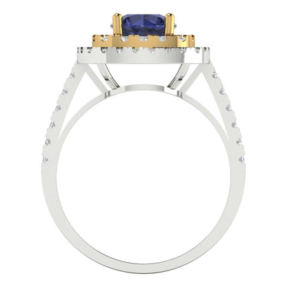 1.615 cttw Simulated Blue Sapphire Hidden Halo Engagement Ring - Solid Gold (Round Cut,6.5mm)