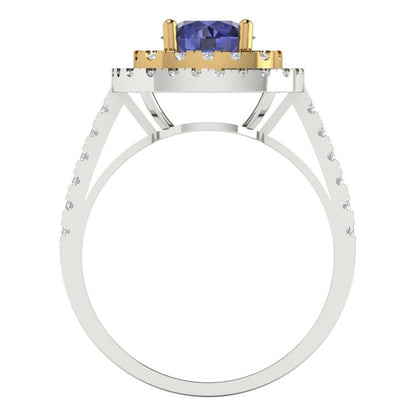 1.615 cttw Simulated Tanzanite Hidden Halo Engagement Ring - Solid White/Yellow Gold (VVS1, Round Cut,6.5mm)