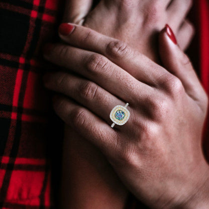 1.615 cttw Blue Moissanite Hidden Halo Engagement Ring - Solid White/Yellow Gold (VVS1, Round Cut,6.5mm)