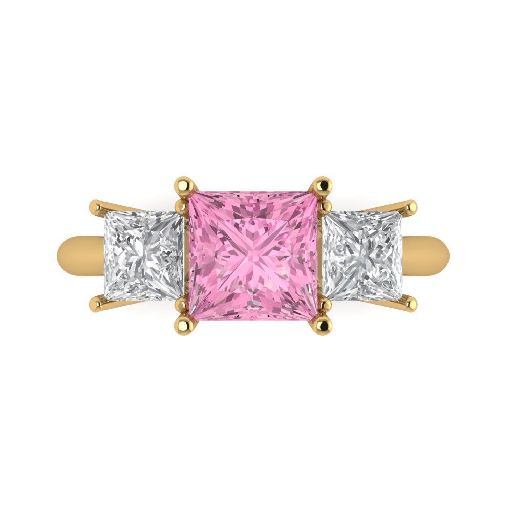 2.5 cttw Zirconia Simulated Pink Diamond Three-Stone Engagement Ring - Solid Gold (VVS1, Princess Cut,6.5 mm)