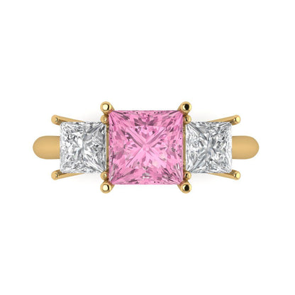 2.5 cttw Zirconia Simulated Pink Diamond Three-Stone Engagement Ring - Solid Gold (VVS1, Princess Cut,6.5 mm)
