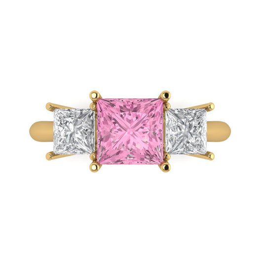 2.5 cttw Zirconia Simulated Pink Diamond Three-Stone Engagement Ring - Solid Yellow Gold (VVS1, Princess Cut,6.5 mm)