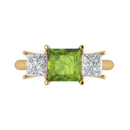 2.5 cttw Natural Peridot Three-Stone Engagement Ring - Solid Yellow Gold (VVS1, Princess Cut,6.5 mm)