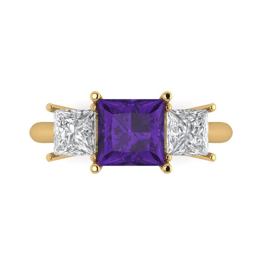 2.5 cttw Natural Amethyst Three-Stone Engagement Ring - Solid Yellow Gold (VVS1, Princess Cut,6.5 mm)