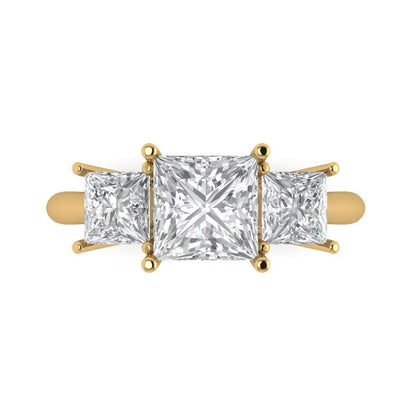 2.62 ct Brilliant Princess Cut Natural Diamond Stone Clarity VS1-2 Color G-H Yellow Gold Solitaire with Accents Three-Stone Ring