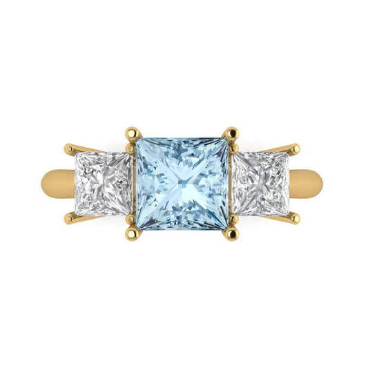 2.5 cttw Natural Swiss Blue Topaz Three-Stone Engagement Ring - Solid Yellow Gold (VVS1, Princess Cut,6.5 mm)