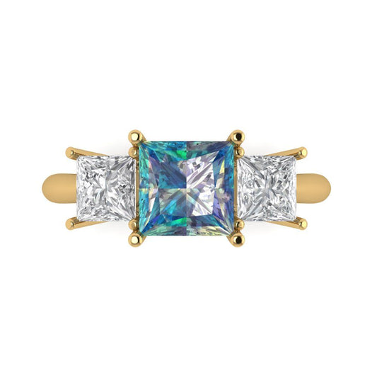 2.5 cttw Blue Moissanite Three-Stone Engagement Ring - Solid Yellow Gold (VVS1, Princess Cut,6.5 mm)