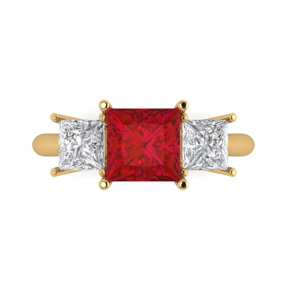 2.5 cttw Simulated Ruby Three-Stone Engagement Ring - Solid Gold (Princess Cut,6.5 mm)