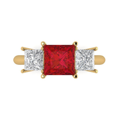 2.5 cttw Simulated Ruby Three-Stone Engagement Ring - Solid Gold (Princess Cut,6.5 mm)