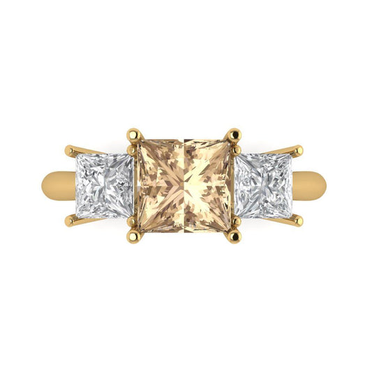 2.5 cttw Yellow Moissanite Three-Stone Engagement Ring - Solid Yellow Gold (VVS1, Princess Cut,6.5 mm)