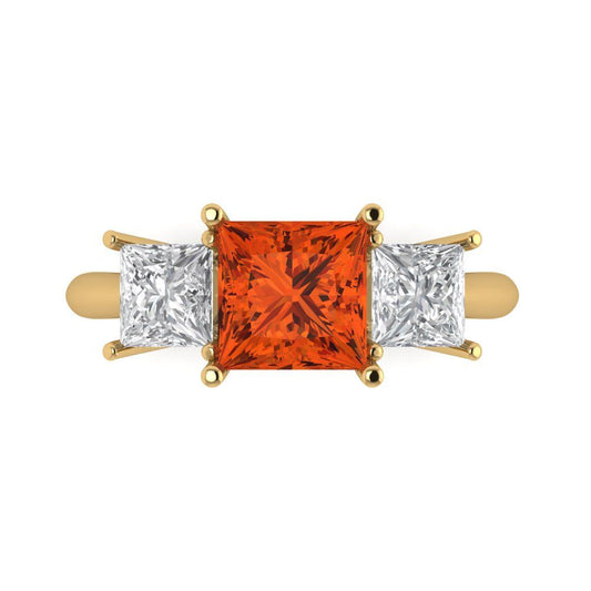 2.5 cttw Zirconia Simulated Red Diamond Three-Stone Engagement Ring - Solid Yellow Gold (VVS1, Princess Cut,6.5 mm)