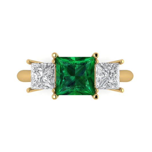 2.5 cttw Simulated Emerald Three-Stone Engagement Ring - Solid Yellow Gold (VVS1, Princess Cut,6.5 mm)