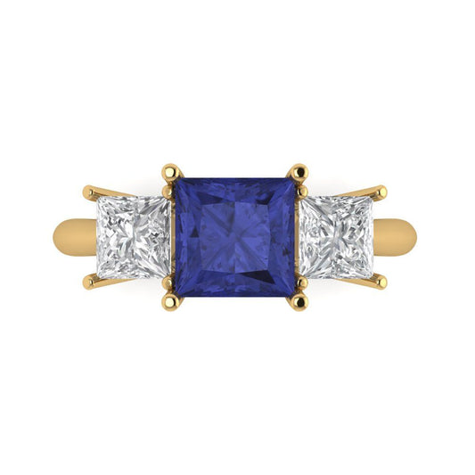 2.5 cttw Simulated Tanzanite Three-Stone Engagement Ring - Solid Yellow Gold (VVS1, Princess Cut,6.5 mm)