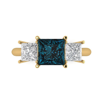 2.5 cttw Natural London Blue Topaz Three-Stone Engagement Ring - Solid Gold (Princess Cut,6.5 mm)