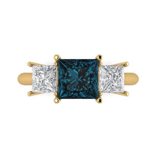 2.5 cttw Natural London Blue Topaz Three-Stone Engagement Ring - Solid Yellow Gold (VVS1, Princess Cut,6.5 mm)