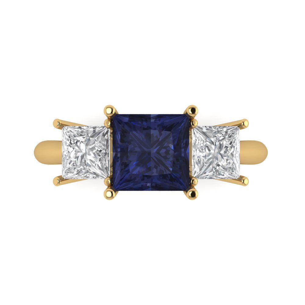 2.5 cttw Simulated Blue Sapphire Three-Stone Engagement Ring - Solid Gold (Princess Cut,6.5 mm)