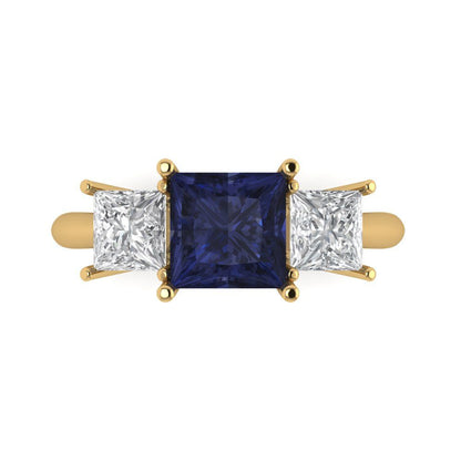 2.5 cttw Simulated Blue Sapphire Three-Stone Engagement Ring - Solid Gold (Princess Cut,6.5 mm)