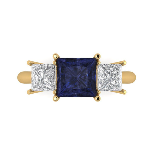 2.5 cttw Simulated Blue Sapphire Three-Stone Engagement Ring - Solid Yellow Gold (VVS1, Princess Cut,6.5 mm)