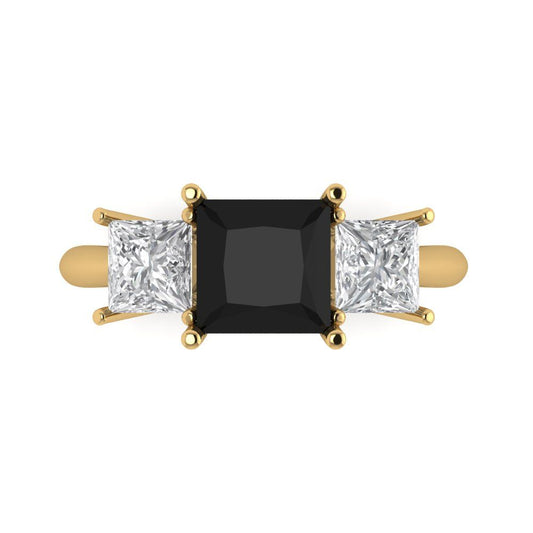 2.5 cttw Natural Onyx Three-Stone Engagement Ring - Solid Yellow Gold (VVS1, Princess Cut,6.5 mm)