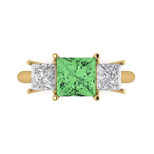 2.5 cttw Zirconia Simulated Green Diamond Three-Stone Engagement Ring - Solid Yellow Gold (VVS1, Princess Cut,6.5 mm)