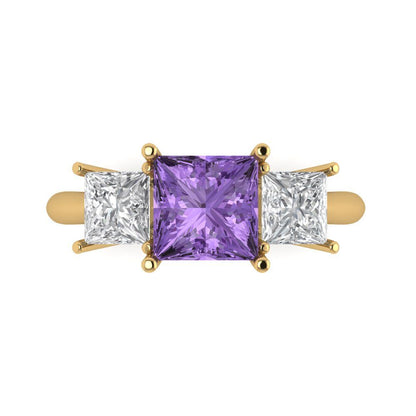 2.5 cttw Simulated Alexandrite Three-Stone Engagement Ring - Solid Gold (Princess Cut,6.5 mm)