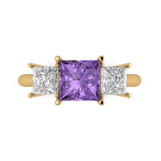 2.5 cttw Simulated Alexandrite Three-Stone Engagement Ring - Solid Yellow Gold (VVS1, Princess Cut,6.5 mm)