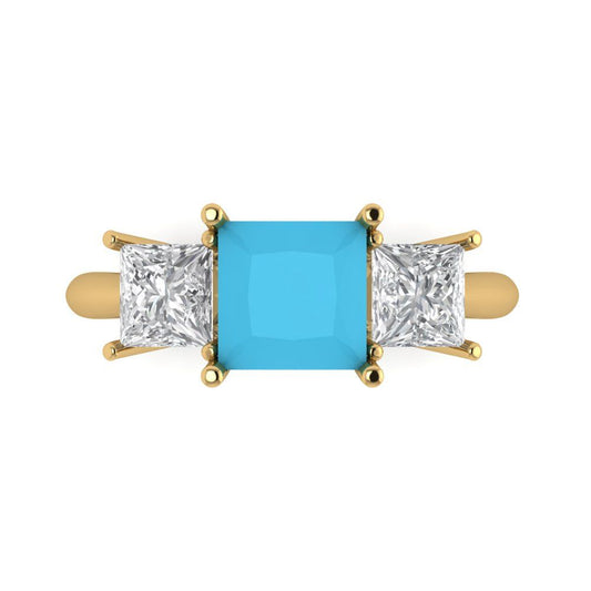 2.5 cttw Simulated Turquoise Three-Stone Engagement Ring - Solid Yellow Gold (VVS1, Princess Cut,6.5 mm)