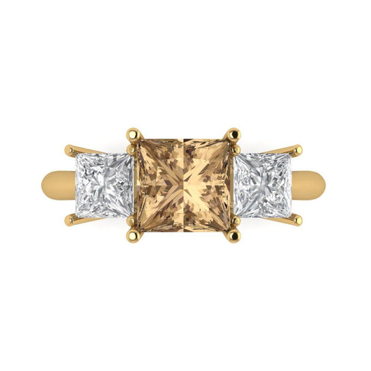 2.5 cttw Zirconia Simulated Champagne Diamond Three-Stone Engagement Ring - Solid Yellow Gold (VVS1, Princess Cut,6.5 mm)