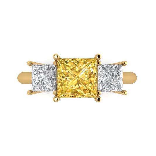 2.5 cttw Zirconia Simulated Yellow Diamond Three-Stone Engagement Ring - Solid Yellow Gold (VVS1, Princess Cut,6.5 mm)
