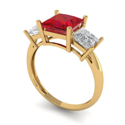 2.5 cttw Simulated Ruby Three-Stone Engagement Ring - Solid Gold (Princess Cut,6.5 mm)