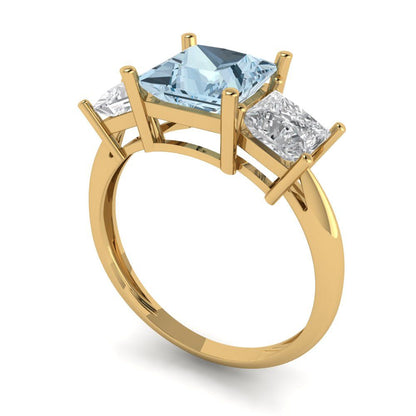 2.5 cttw Natural Sky Blue Topaz Three-Stone Engagement Ring - Solid Gold (Princess Cut,6.5 mm)