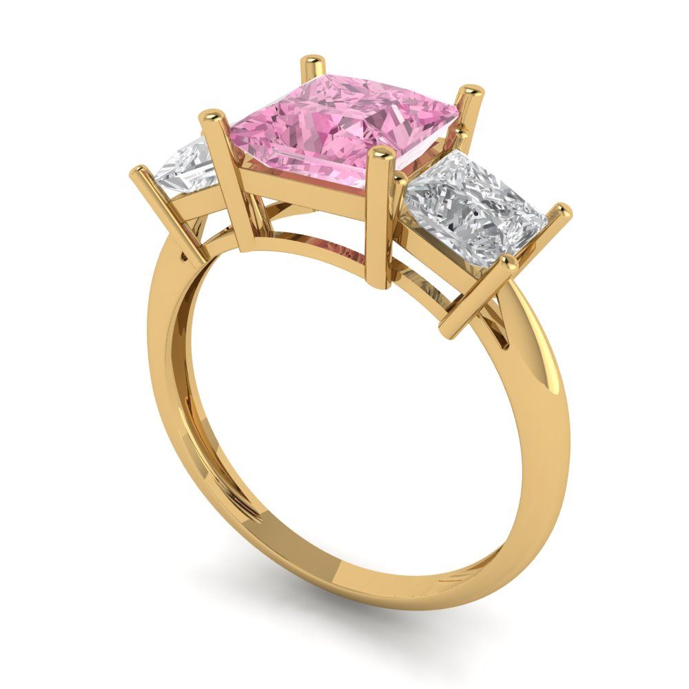 2.5 cttw Zirconia Simulated Pink Diamond Three-Stone Engagement Ring - Solid Gold (VVS1, Princess Cut,6.5 mm)