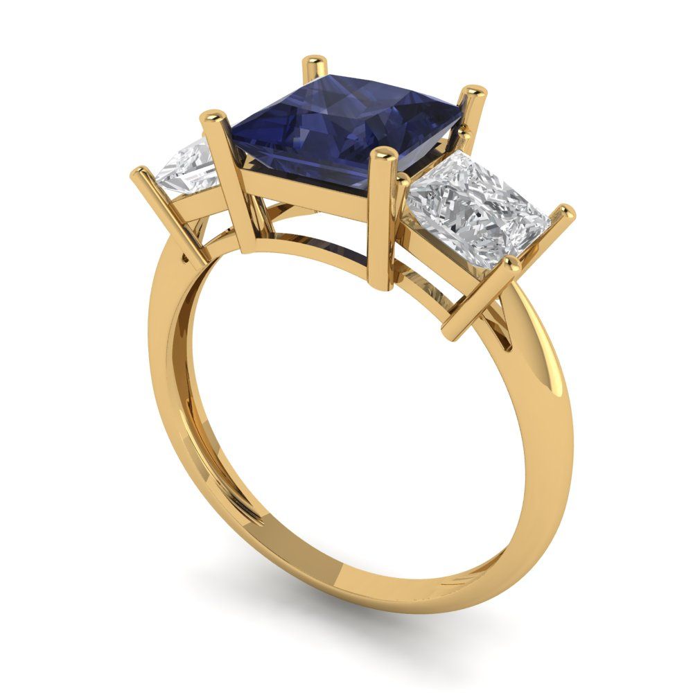 2.5 cttw Simulated Blue Sapphire Three-Stone Engagement Ring - Solid Gold (Princess Cut,6.5 mm)