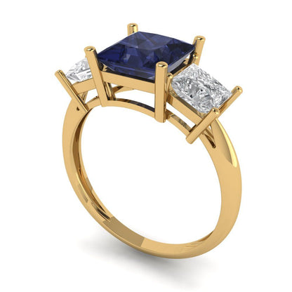2.5 cttw Simulated Blue Sapphire Three-Stone Engagement Ring - Solid Gold (Princess Cut,6.5 mm)