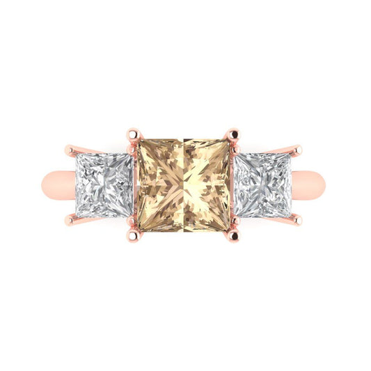 2.5 cttw Yellow Moissanite Three-Stone Engagement Ring - Solid Rose Gold (VVS1, Princess Cut,6.5 mm)