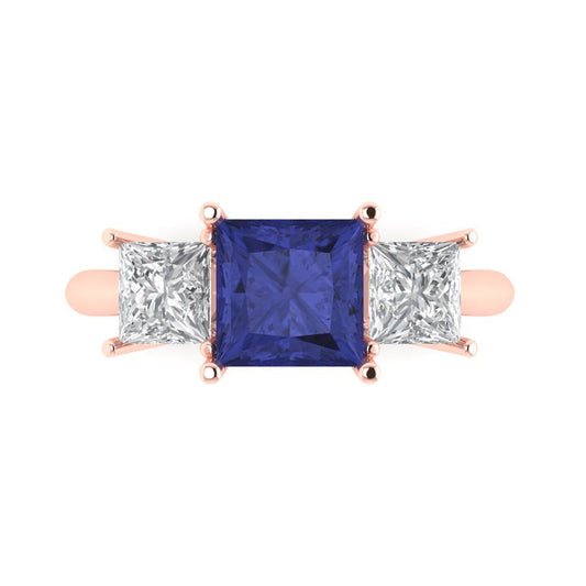2.5 cttw Simulated Tanzanite Three-Stone Engagement Ring - Solid Rose Gold (VVS1, Princess Cut,6.5 mm)
