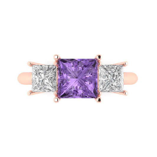 2.5 cttw Simulated Alexandrite Three-Stone Engagement Ring - Solid Rose Gold (VVS1, Princess Cut,6.5 mm)
