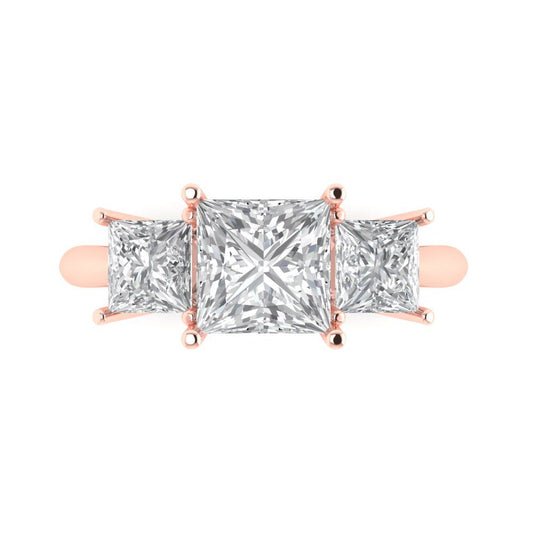 2.5 cttw Moissanite Three-Stone Engagement Ring - Solid Rose Gold (VVS1, Princess Cut,6.5 mm)