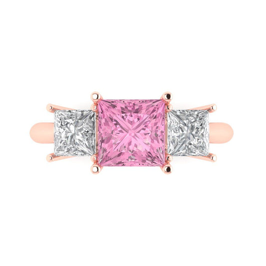 2.5 cttw Zirconia Simulated Pink Diamond Three-Stone Engagement Ring - Solid Rose Gold (VVS1, Princess Cut,6.5 mm)