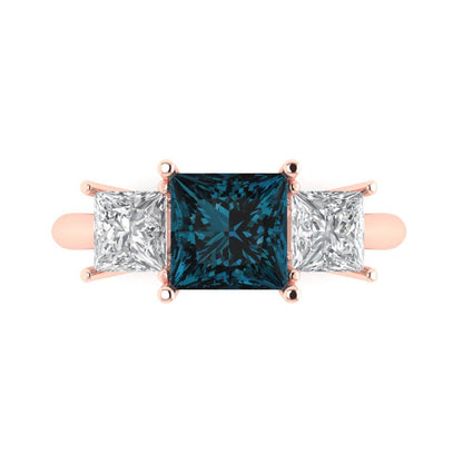2.5 cttw Natural London Blue Topaz Three-Stone Engagement Ring - Solid Gold (Princess Cut,6.5 mm)