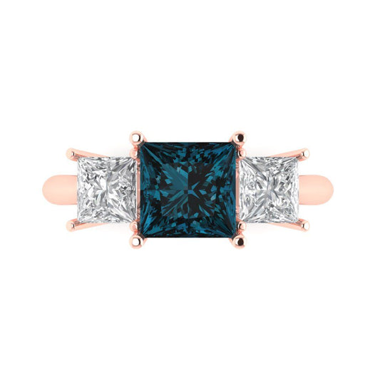 2.5 cttw Natural London Blue Topaz Three-Stone Engagement Ring - Solid Rose Gold (VVS1, Princess Cut,6.5 mm)