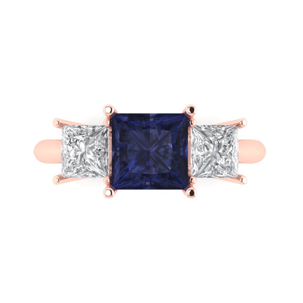 2.5 cttw Simulated Blue Sapphire Three-Stone Engagement Ring - Solid Gold (Princess Cut,6.5 mm)
