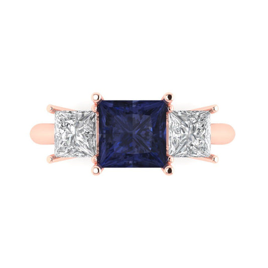 2.5 cttw Simulated Blue Sapphire Three-Stone Engagement Ring - Solid Rose Gold (VVS1, Princess Cut,6.5 mm)