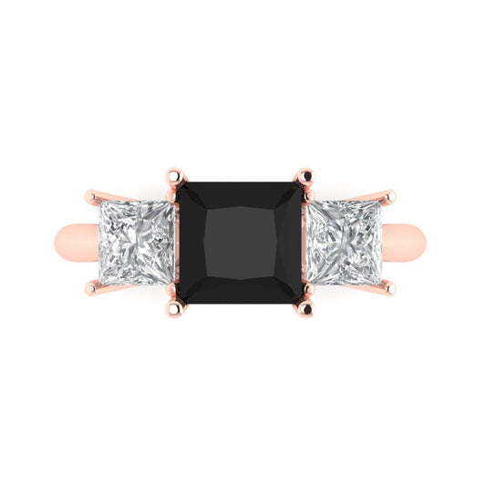 2.5 cttw Natural Onyx Three-Stone Engagement Ring - Solid Rose Gold (VVS1, Princess Cut,6.5 mm)